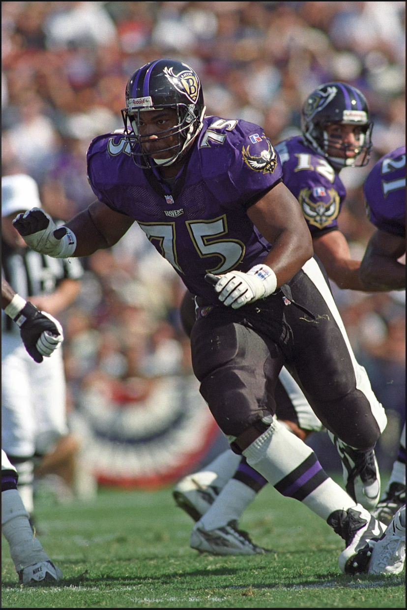 Baltimore Ravens 1996 inaugural purple uniform Jonathan Ogden