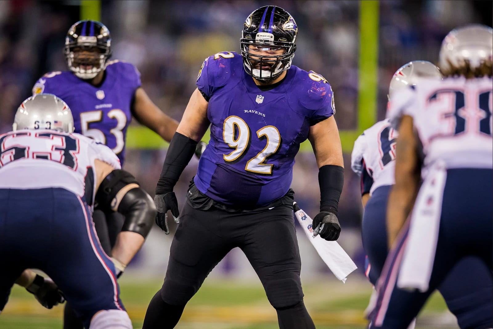 Baltimore Ravens 2013 purple uniform Nike collar vs Patriots