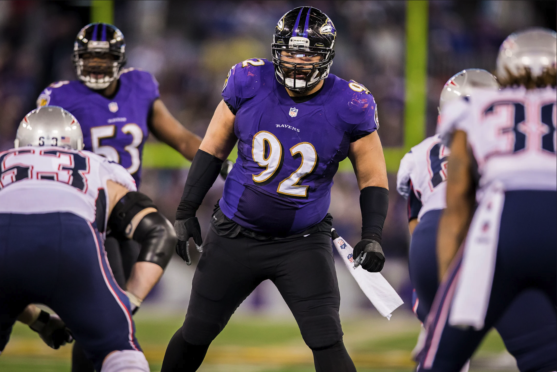 Baltimore Ravens 2013 purple uniform Nike collar vs Patriots