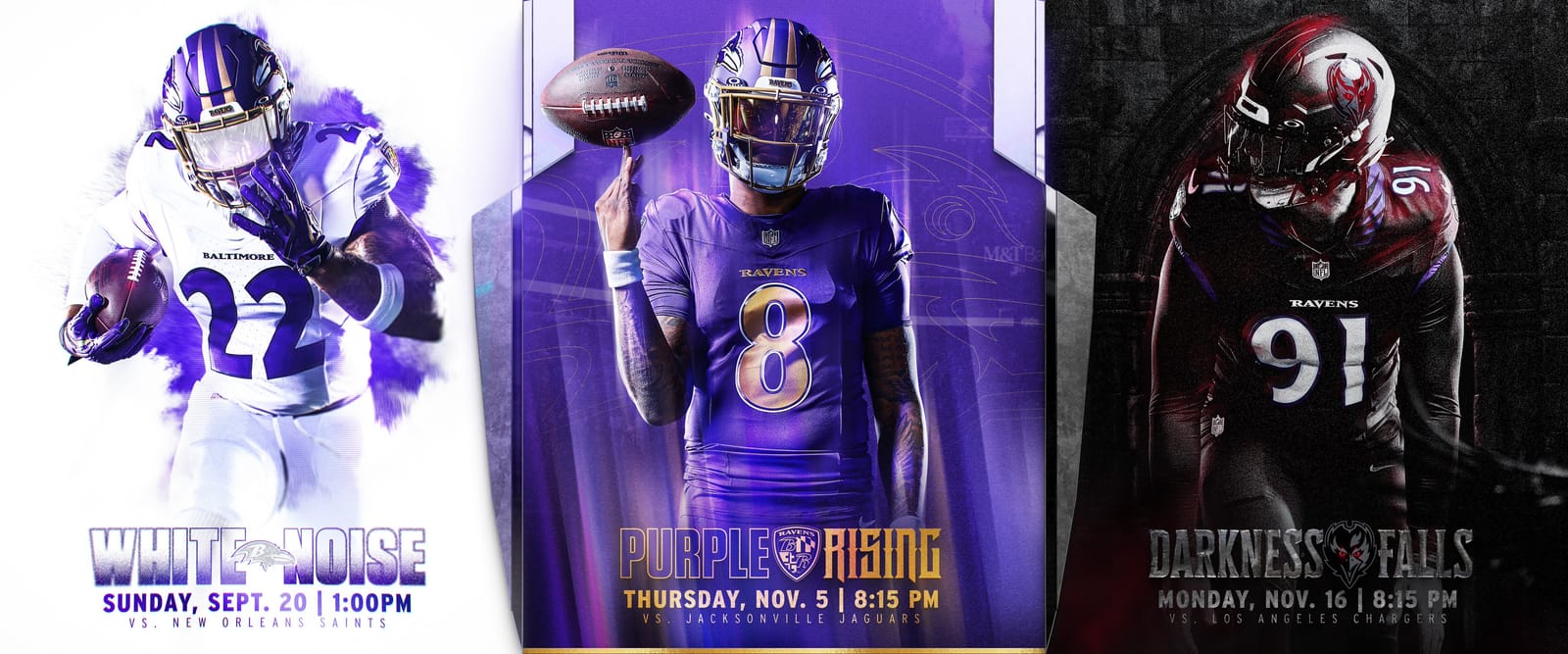 Baltimore Ravens 2026 theme games graphic: White Noise all-white uniform for Sunday, September 20 against the Saints, Purple Rising all-purple uniform for Thursday, November 5 against the Jaguars, and Darkness Falls all-black uniform with the matte black helmet for Monday, November 16 against the Chargers