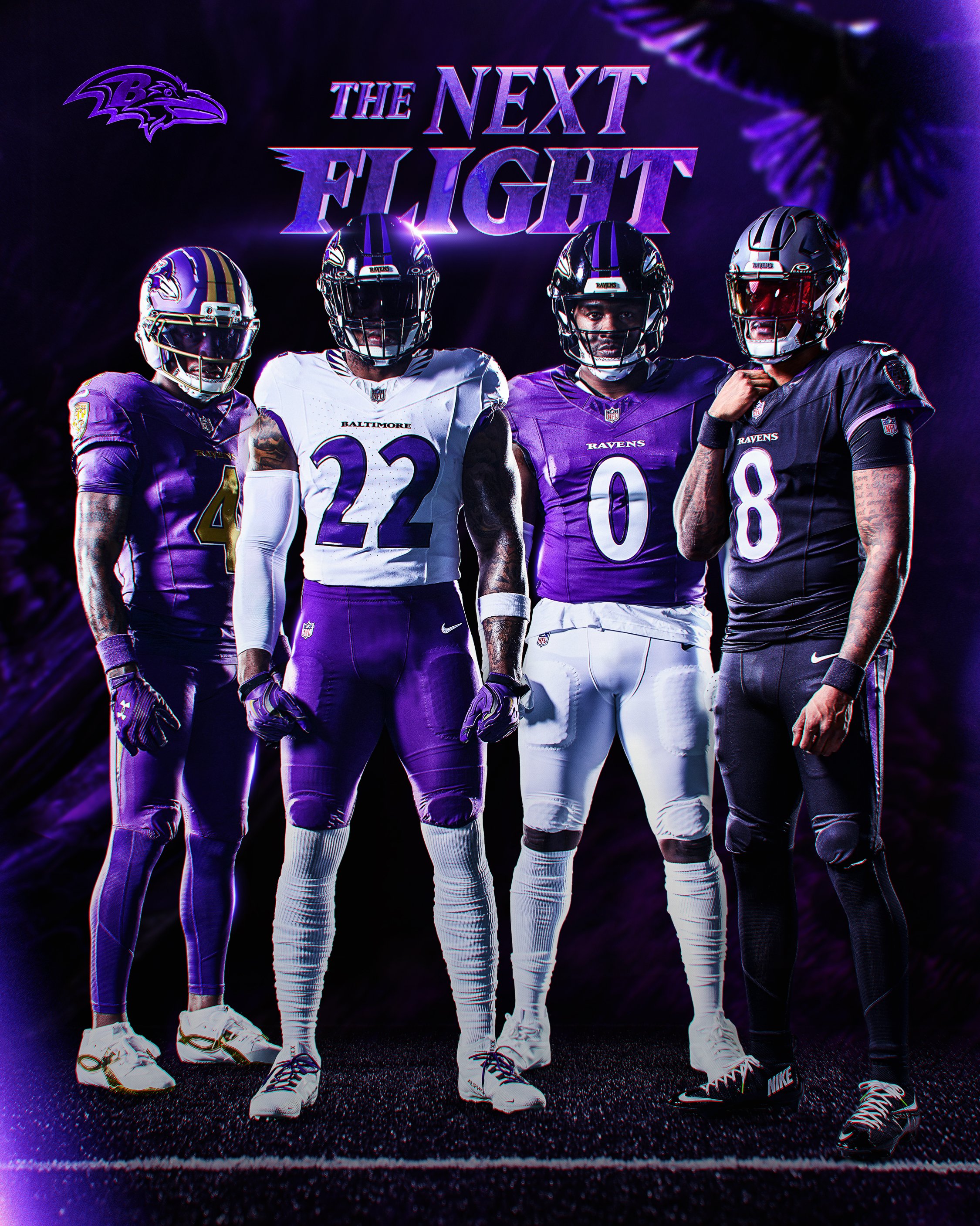 Baltimore Ravens The Next Flight 2026 uniform reveal showing all four jerseys including primary purple home, white road with Baltimore wordmark, Purple Rising alternate, and all-black Darkness alternate