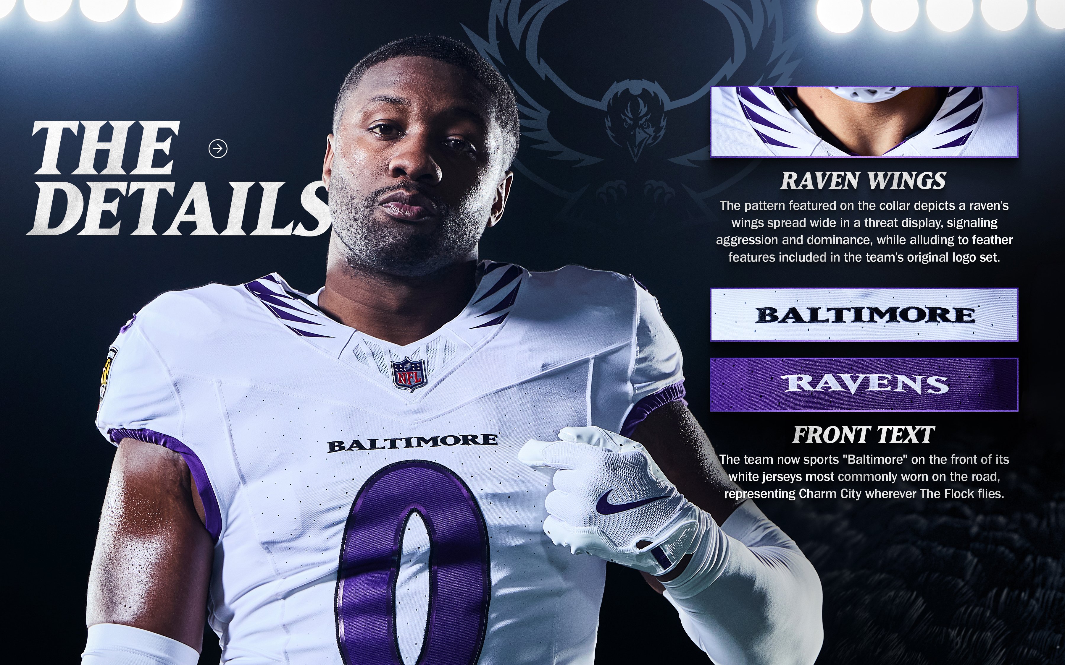 Baltimore Ravens 2026 white road uniform details showing Raven Wings collar pattern and Baltimore wordmark on chest