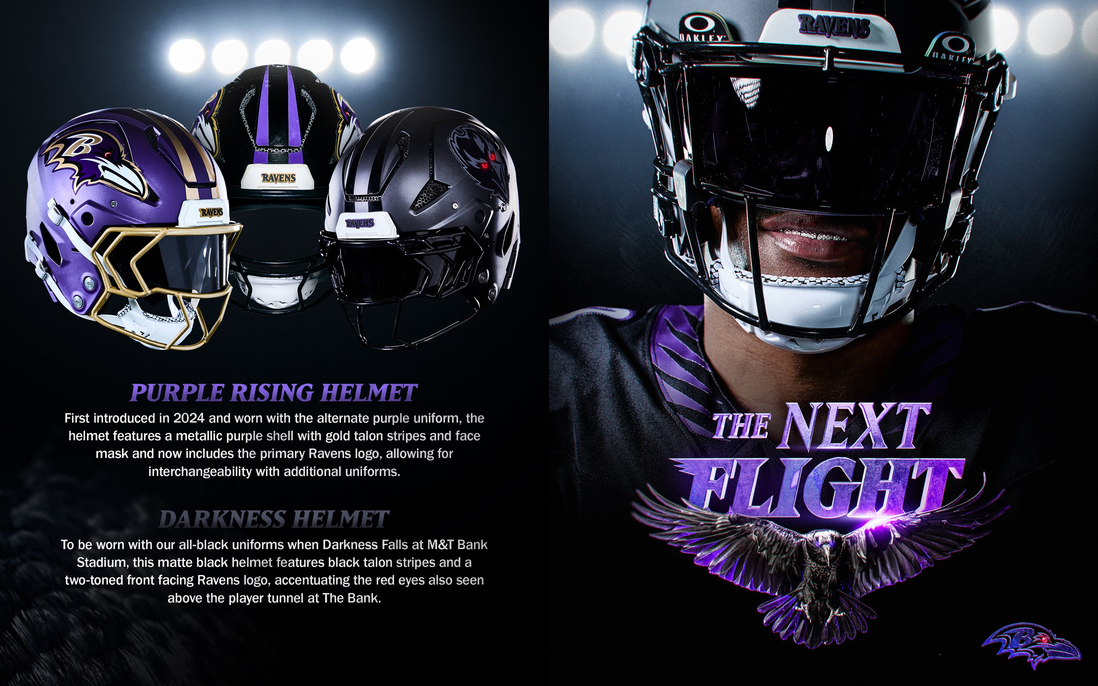 Baltimore Ravens 2026 three helmets showing Purple Rising helmet with gold facemask, Darkness helmet in matte black with red eyes, and primary black helmet