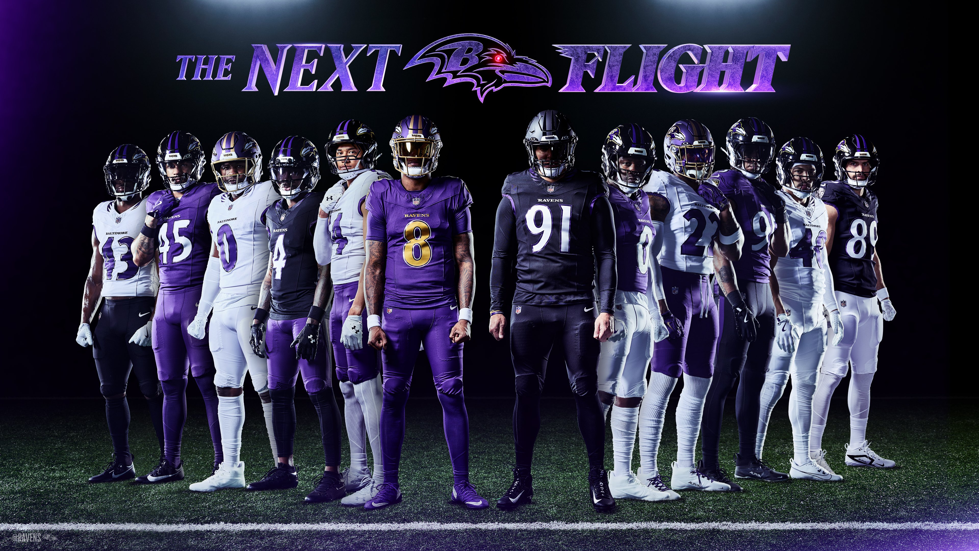 Baltimore Ravens The Next Flight complete 2026 uniform collection group shot showing all four jerseys and three helmets
