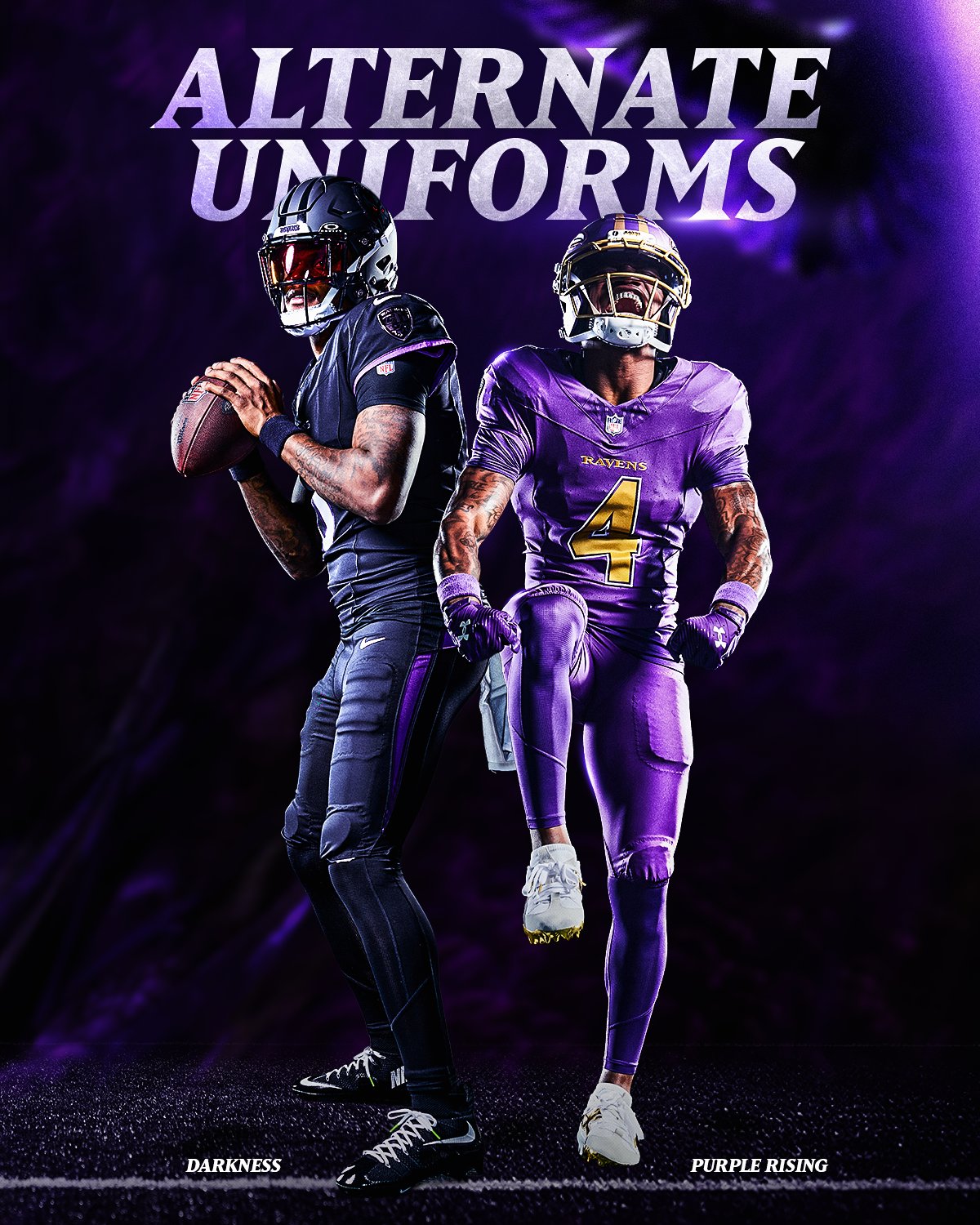 Baltimore Ravens 2026 alternate uniforms Darkness blackout and Purple Rising monochrome purple with gold facemask helmet