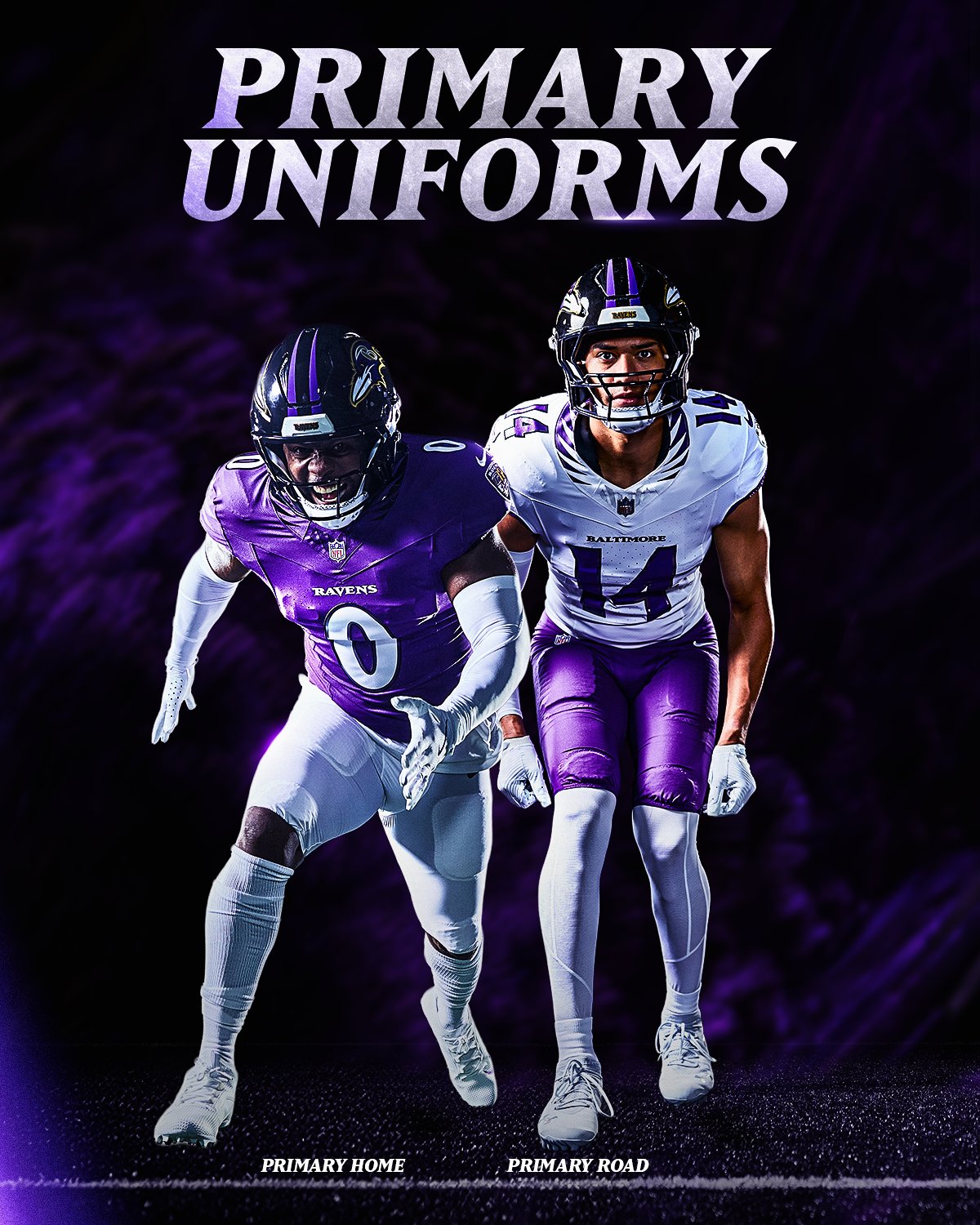 Baltimore Ravens 2026 primary home purple and primary road white uniforms side by side featuring Raven Wings collar pattern and Baltimore wordmark