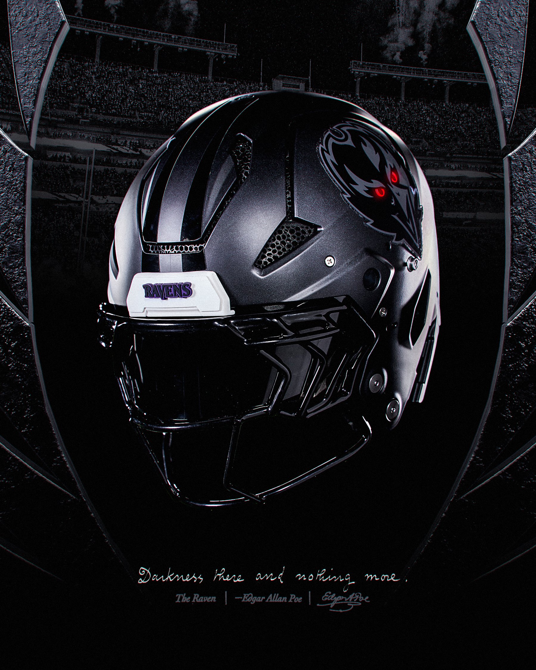Baltimore Ravens Darkness helmet detailed view featuring red-eyed front-facing raven logo and Darkness there and nothing more Edgar Allan Poe quote reference