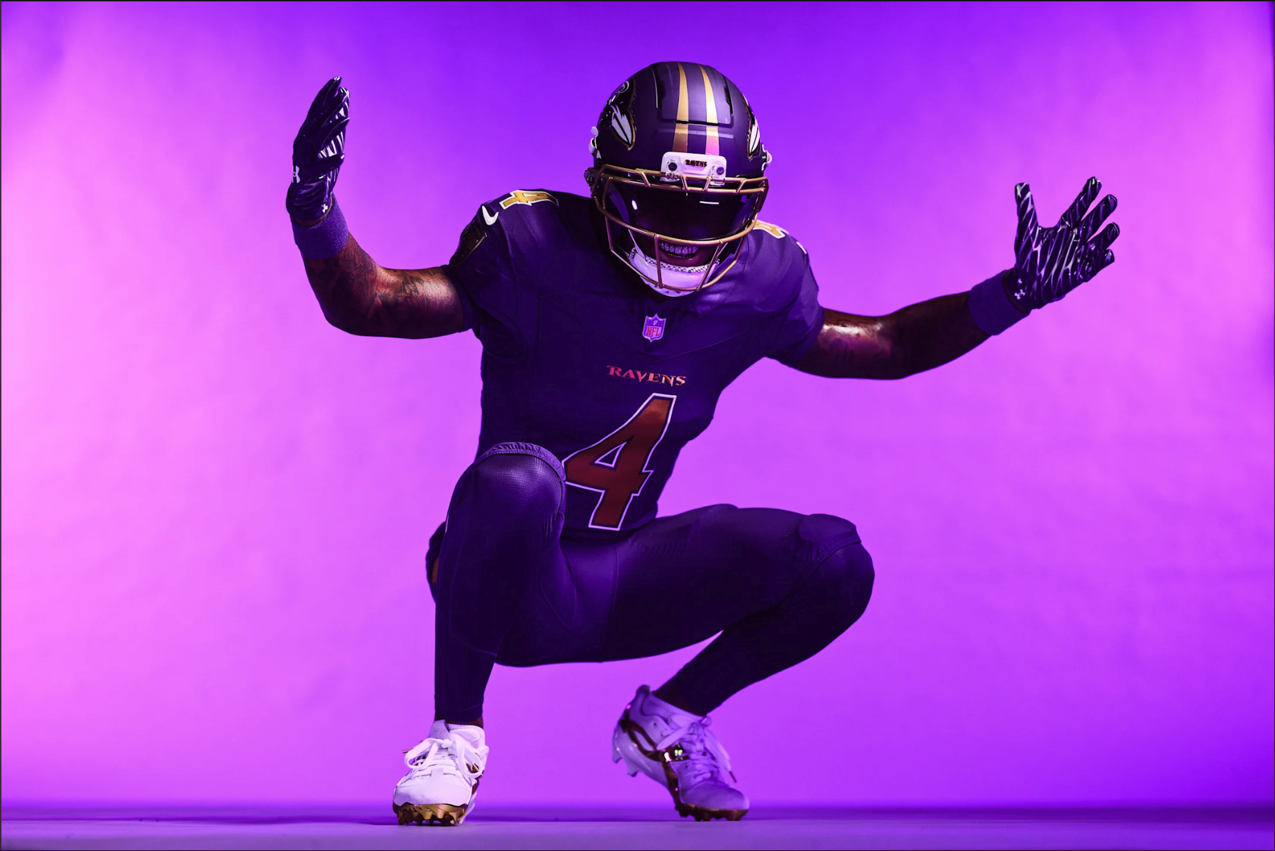 Baltimore Ravens 2026 Purple Rising alternate uniform Lamar Jackson monochrome purple top to bottom with metallic purple helmet and gold facemask