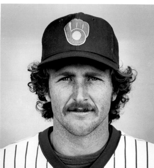 Robin Yount in 1982 wearing the Brewers cap with the ball-in-glove logo and a pinstriped jersey