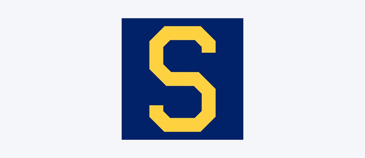 The 1969 Seattle Pilots cap logo, a gold block S on a navy blue square