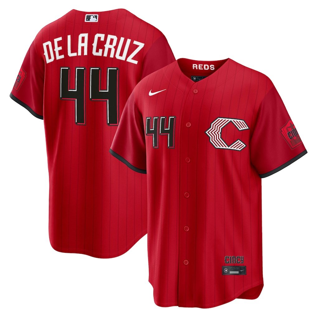 Cincinnati Reds 2026 all-red City Connect 2.0 jersey by Nike, red with darker-red pinstripes and a white wishbone-C, shown front and back with Elly De La Cruz #44