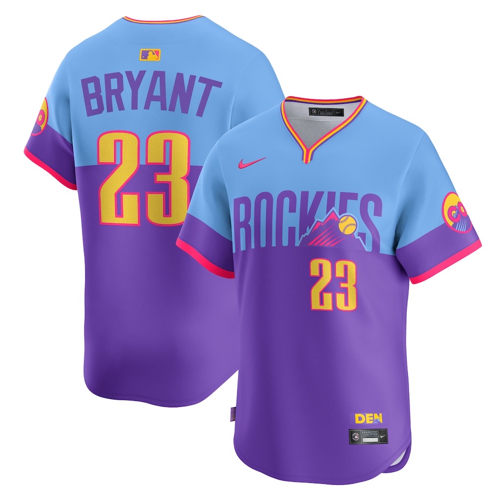 Colorado Rockies 2026 day-to-night City Connect jersey, blue fading to purple with the mountain logo