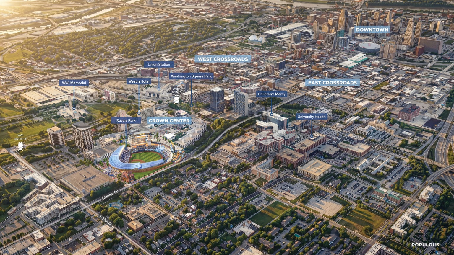 Aerial map rendering of the new Kansas City Royals downtown ballpark location at Crown Center showing surrounding neighborhoods including Union Station, Washington Square Park, the West Crossroads, East Crossroads, downtown Kansas City, WWI Memorial, Westin Hotel, Children's Mercy, and University Health