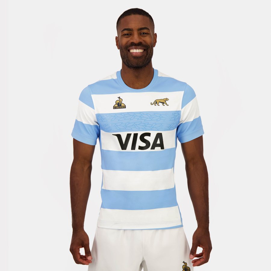 Argentina Los Pumas light blue and white hooped rugby jersey with jaguar crest