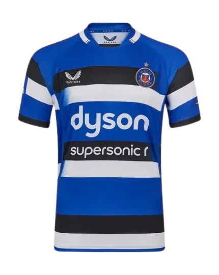 Bath Rugby Gallagher Premiership home jersey — blue, black and white hoops with the Dyson sponsor