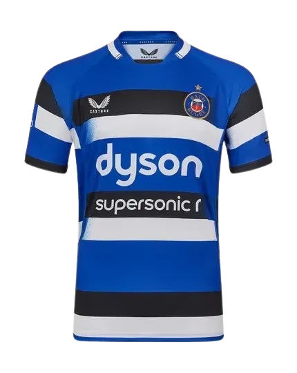 Bath Rugby Gallagher Premiership home jersey — blue, black and white hoops with the Dyson sponsor