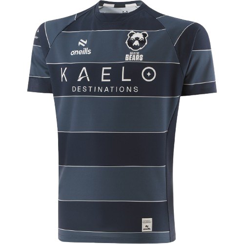Bristol Bears Gallagher Premiership home jersey — deep navy with tonal hoops, white KAELO lettering and the bear crest