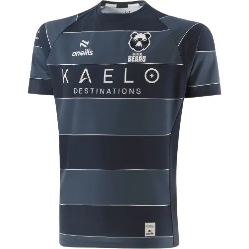 Bristol Bears Gallagher Premiership home jersey — deep navy with tonal hoops, white KAELO lettering and the bear crest