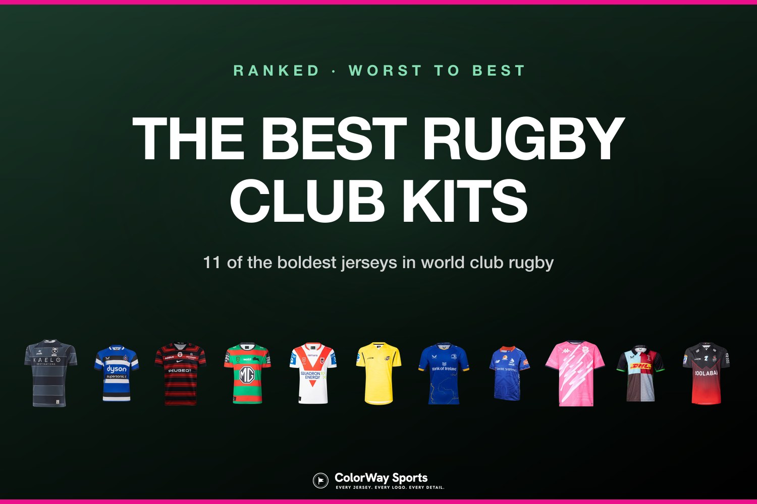 The best rugby club kits ranked, a lineup of 11 club jerseys including Bristol Bears navy, Bath hoops, Toulouse red and black, the South Sydney Rabbitohs, the St George Red V, Hurricanes yellow, Leinster blue, Fijian Drua, Stade Français pink, the Harlequins quarters and the Crusaders, across the Top 14, Premiership, URC, Super Rugby and NRL