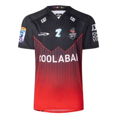 Crusaders Super Rugby home jersey — black fading to red at the hem with the abstract Tohu mark