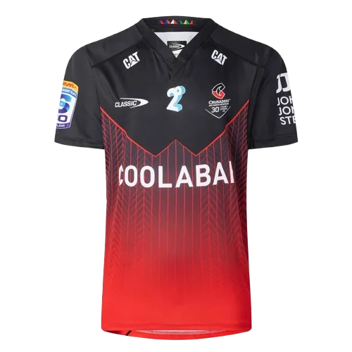 Crusaders Super Rugby home jersey — black fading to red at the hem with the abstract Tohu mark