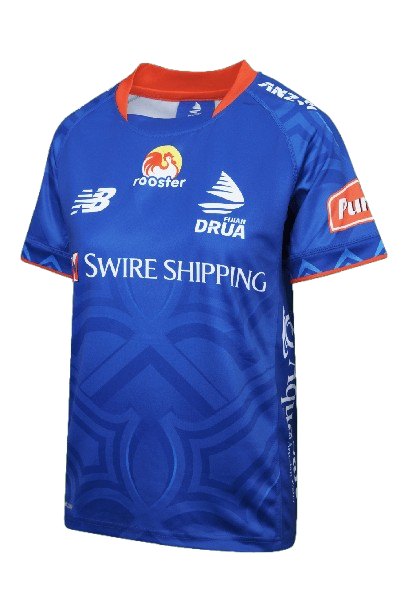 Fijian Drua Super Rugby jersey — royal blue with traditional Fijian masi tapa-cloth patterning and the drua canoe logo