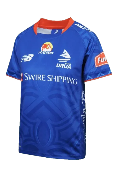 Fijian Drua Super Rugby jersey — royal blue with traditional Fijian masi tapa-cloth patterning and the drua canoe logo