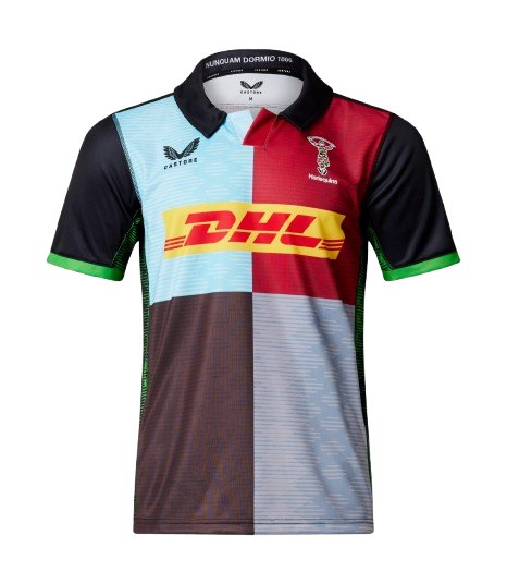 Harlequins Gallagher Premiership home jersey — the famous quartered shirt in light blue, maroon, grey and black with green sleeves and the DHL sponsor bar