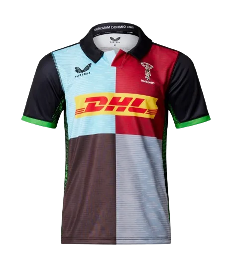 Harlequins Gallagher Premiership home jersey — the famous quartered shirt in light blue, maroon, grey and black with green sleeves and the DHL sponsor bar