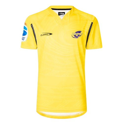 Wellington Hurricanes Super Rugby home jersey — bright electric yellow with the swirling H logo and black trim