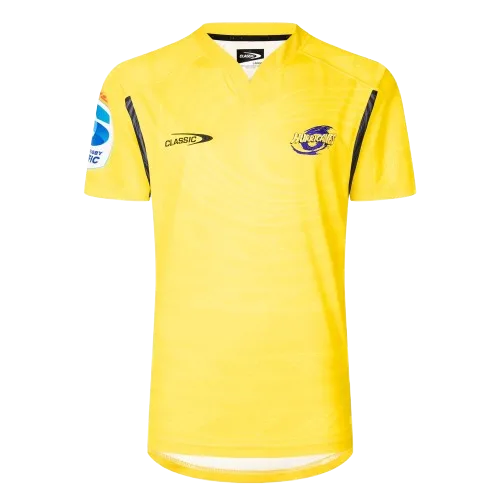 Wellington Hurricanes Super Rugby home jersey — bright electric yellow with the swirling H logo and black trim