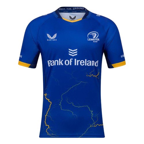 Leinster URC home jersey — deep Leinster blue with the harp crest, gold trim and a tonal lightning graphic