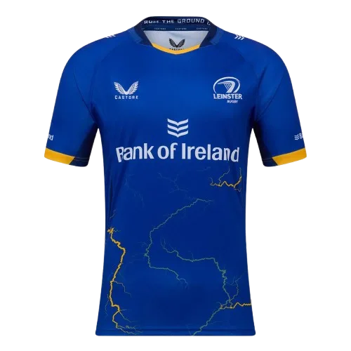 Leinster URC home jersey — deep Leinster blue with the harp crest, gold trim and a tonal lightning graphic