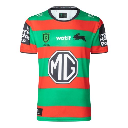 South Sydney Rabbitohs NRL home jersey — cardinal red and myrtle green hoops with the MG chest sponsor and rabbit crest