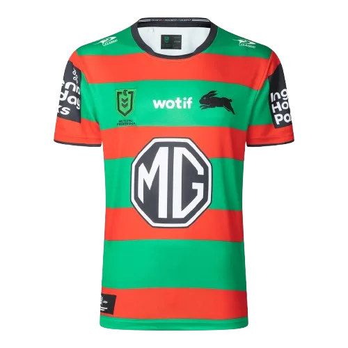 South Sydney Rabbitohs NRL home jersey — cardinal red and myrtle green hoops with the MG chest sponsor and rabbit crest