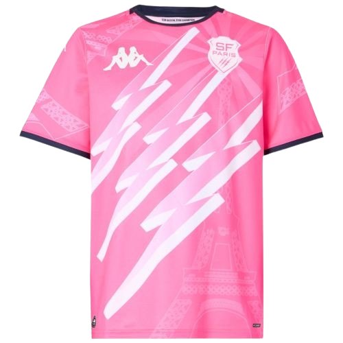 Stade Français Paris Top 14 jersey — vivid pink with white lightning bolts and a tonal Eiffel Tower graphic