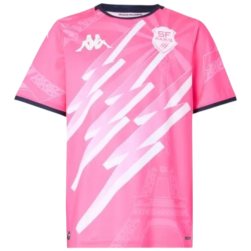 Stade Français Paris Top 14 jersey — vivid pink with white lightning bolts and a tonal Eiffel Tower graphic