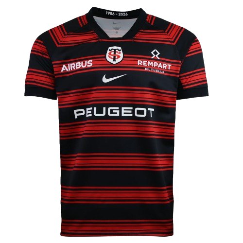 Stade Toulousain Top 14 home jersey — graduated red and black bands with the Airbus and Peugeot sponsors