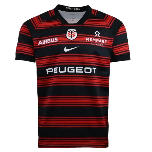 Stade Toulousain Top 14 home jersey — graduated red and black bands with the Airbus and Peugeot sponsors