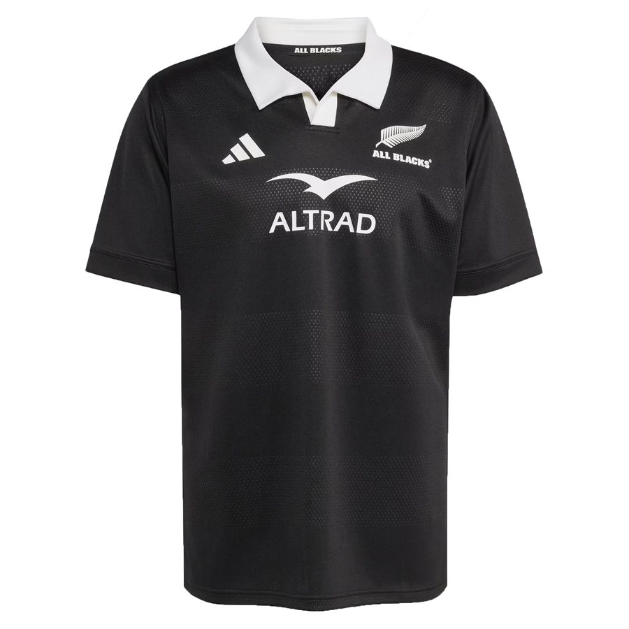New Zealand All Blacks black adidas home rugby jersey with white collar and silver fern