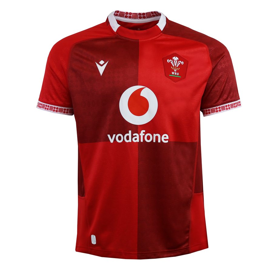 Wales red Macron home rugby jersey and uniform with three feathers crest