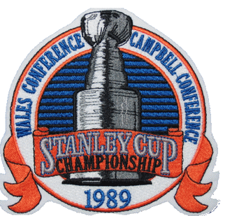 1989 Stanley Cup Championship logo with ribbon and trophy