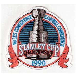1990 Stanley Cup Championship logo with ribbon and trophy
