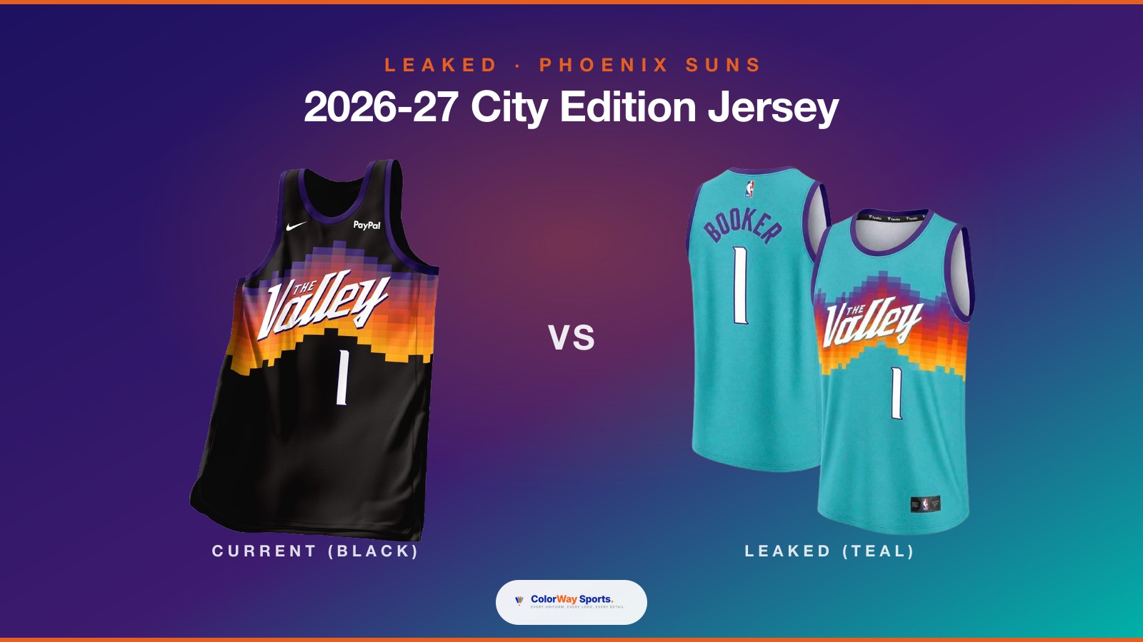 Phoenix Suns 2026-27 leaked City Edition teal jersey side by side comparison with the current Phoenix Suns City Edition black jersey for next season NBA uniform leak
