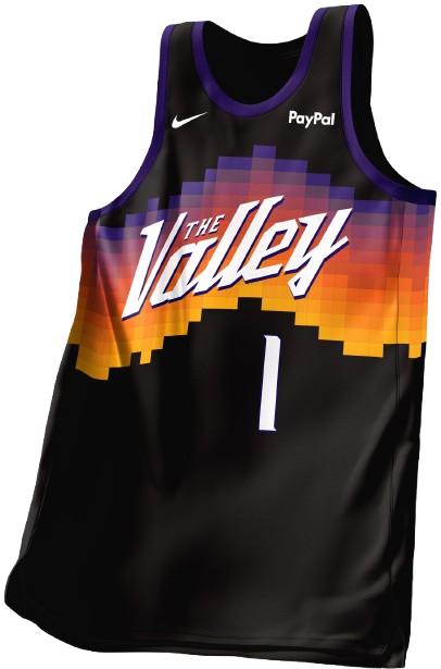Phoenix Suns current The Valley City Edition black home jersey with the cursive Valley wordmark and the pixelated desert sun and mountain silhouette graphic in orange purple and yellow on the all-black uniform