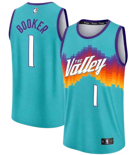 Phoenix Suns 2026-27 leaked City Edition bright teal jersey with the cursive The Valley wordmark and the pixelated desert sun mountain silhouette graphic in orange purple and yellow on a turquoise teal base, alleged new NBA City Edition uniform for next season