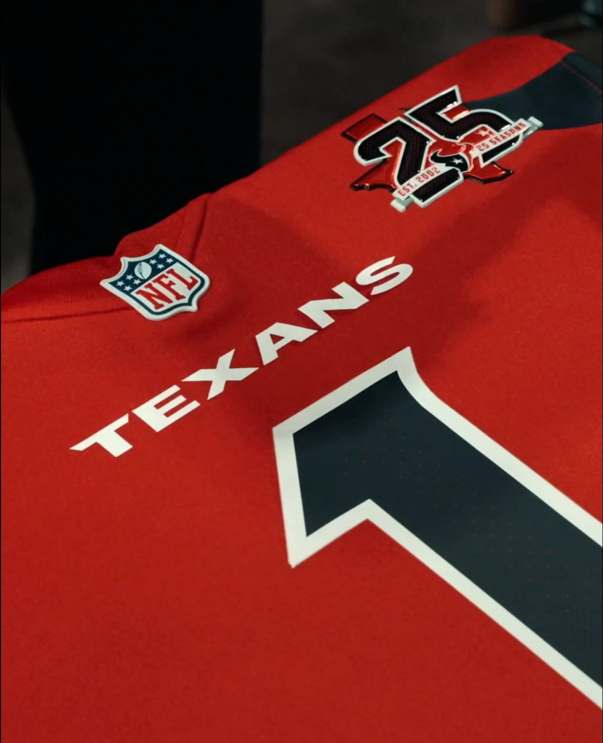 Houston Texans 25th anniversary patch on the white 2026 jersey shoulder