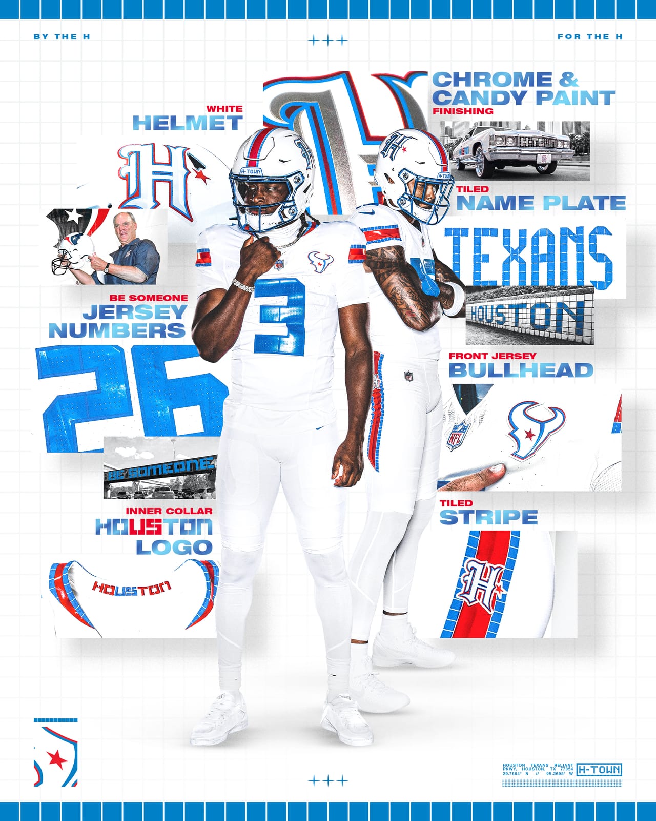 Houston Texans Rivalries uniform details: white helmet, tiled name plate, Be Someone jersey numbers, bullhead chest logo, and tiled stripe