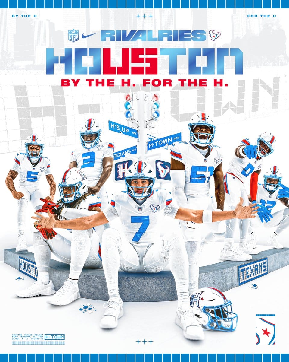 Houston Texans HOUSTON/US Rivalries uniform, Liberty White with H-Town Blue and Battle Red tile striping and white helmets