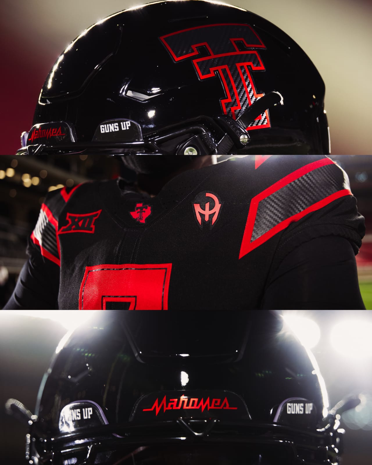Texas Tech Let's Ride 2026 uniform details, the black helmet with carbon fiber Double T and Mahomes back bumper, and the red Gladiator logo at the jersey collar